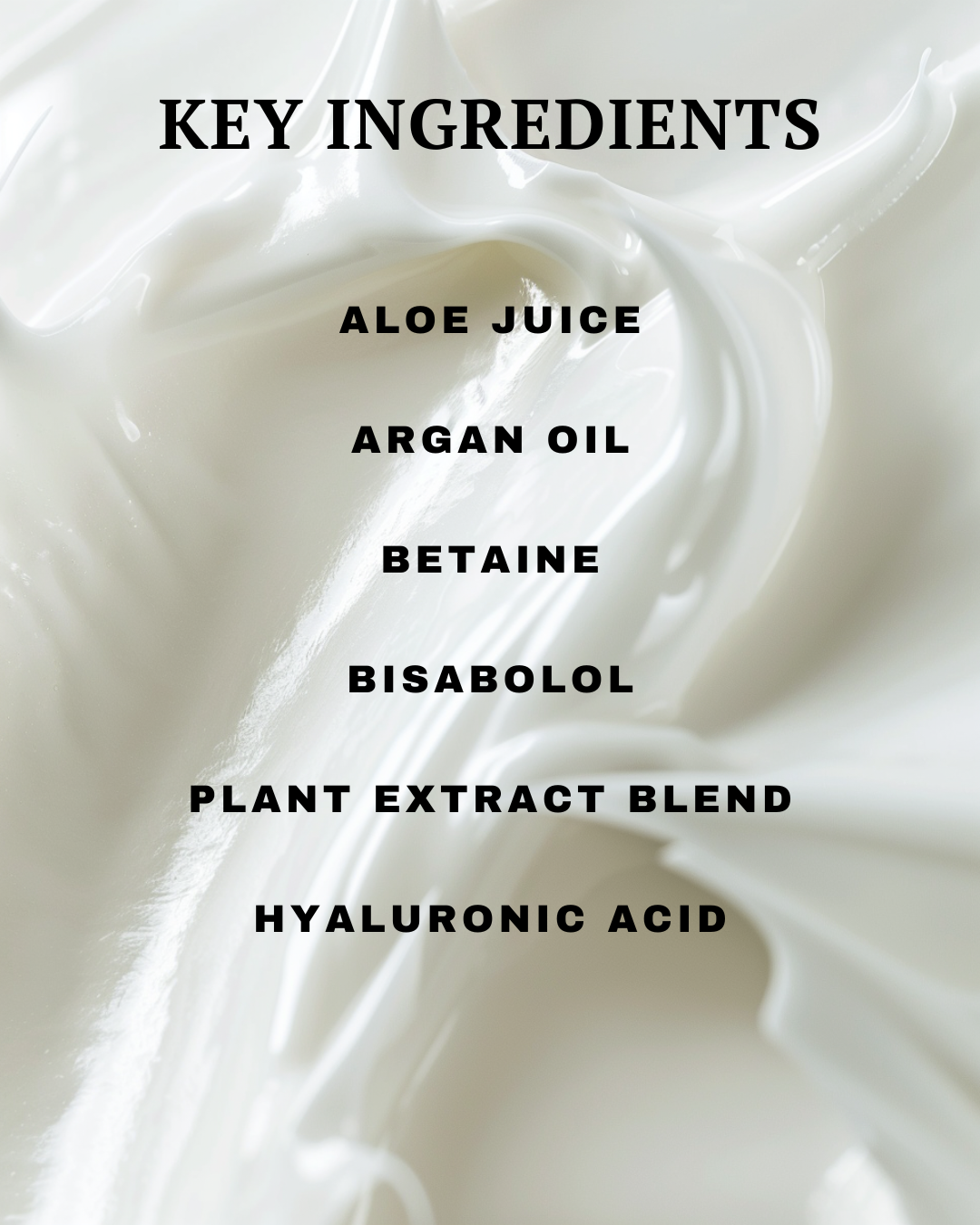 White cream with text listing key ingredients on a white background